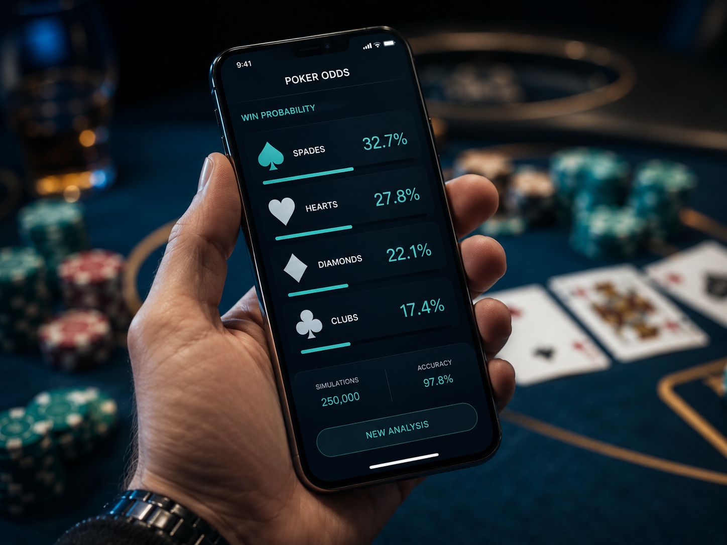 Edge One AI smartphone showing poker odds analysis