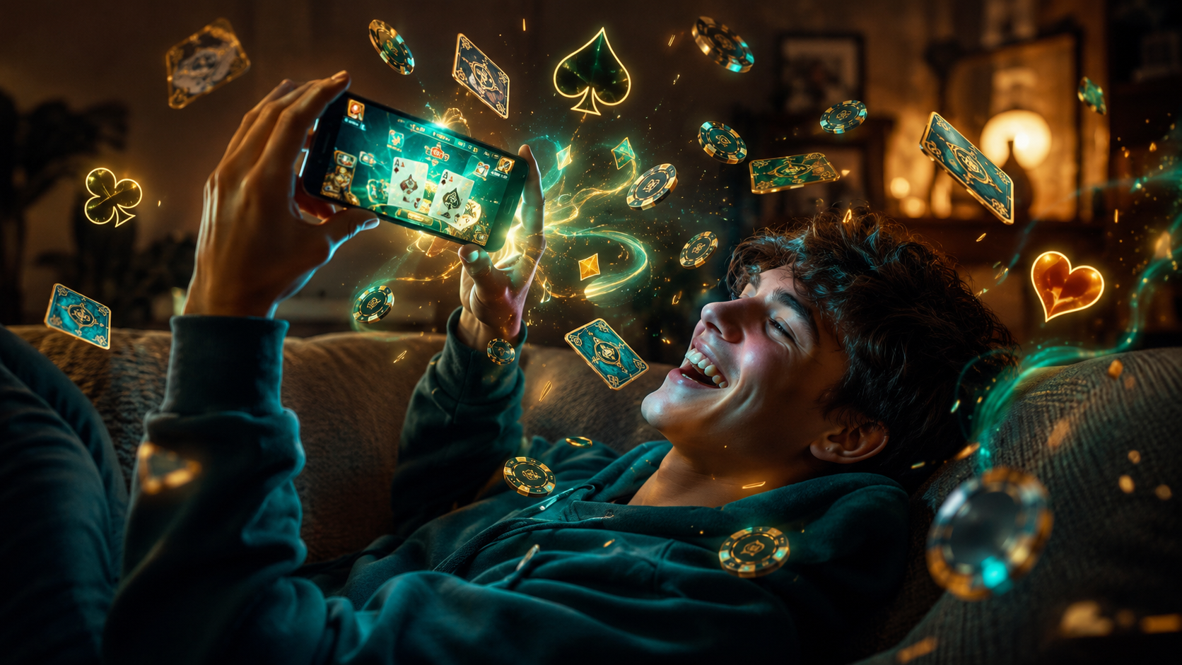 Player enjoying JokerKing mobile card game on the couch